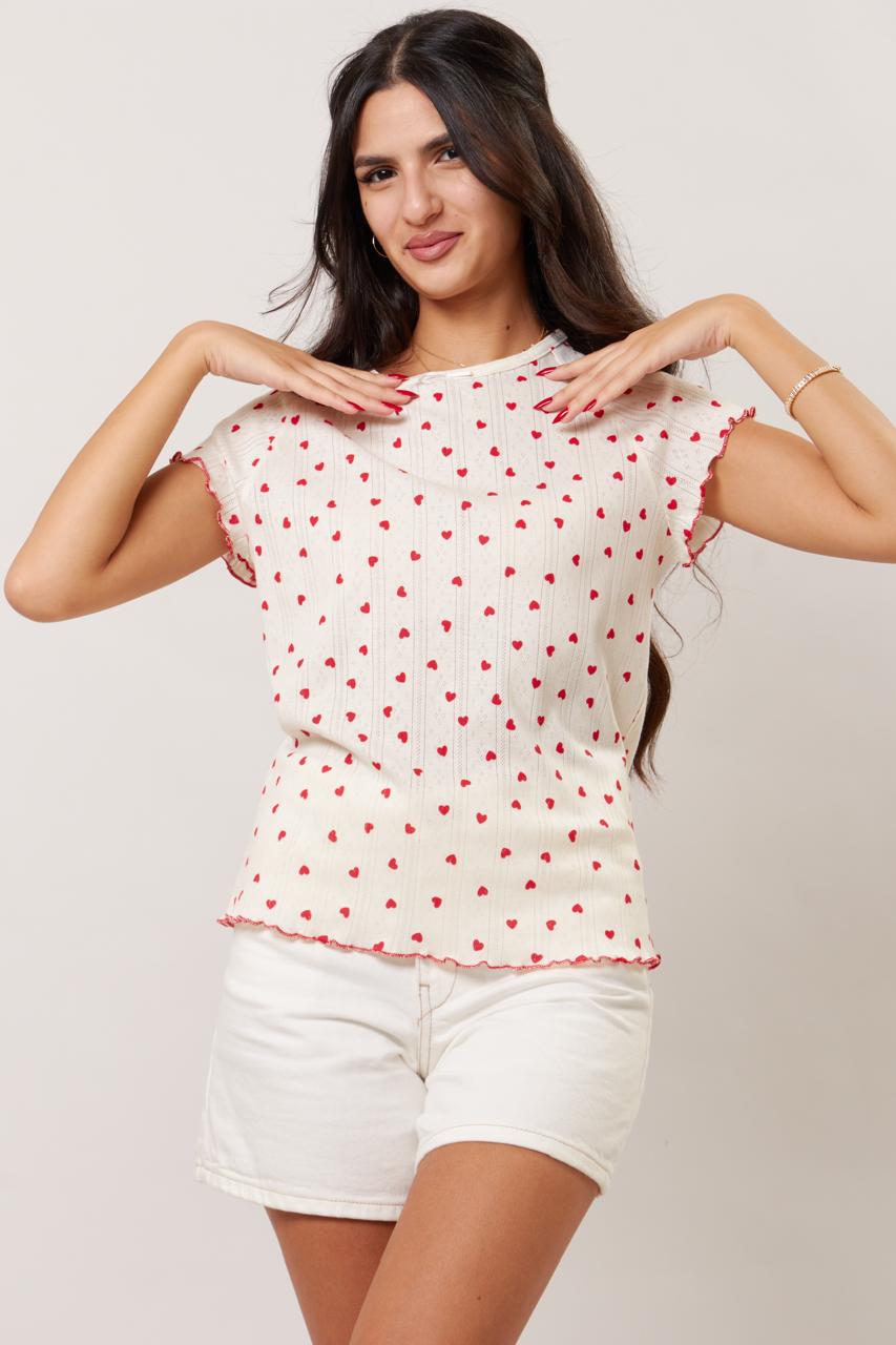 Heart print frill sleeve tee