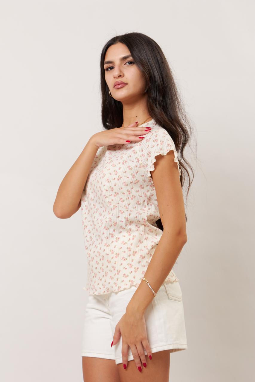 Soft frill sleeve vintage floral tee