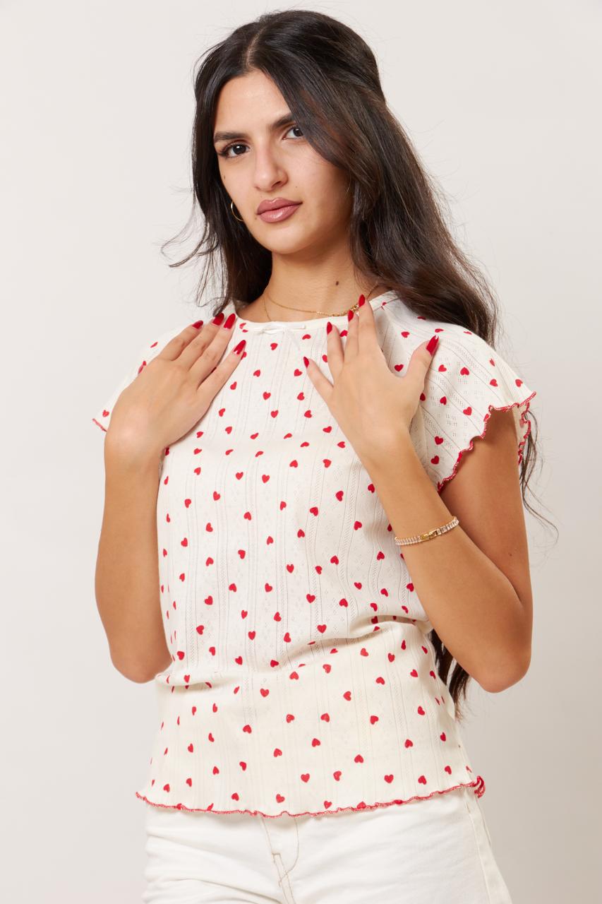 Heart print frill sleeve tee