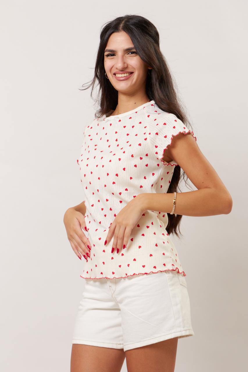 Heart print frill sleeve tee