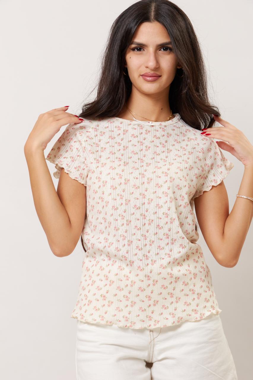 Soft frill sleeve vintage floral tee