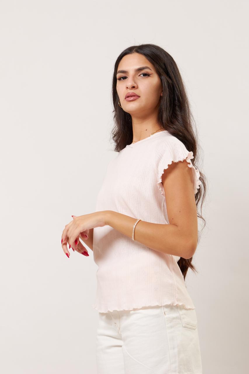 Soft frill sleeve blush pink tee