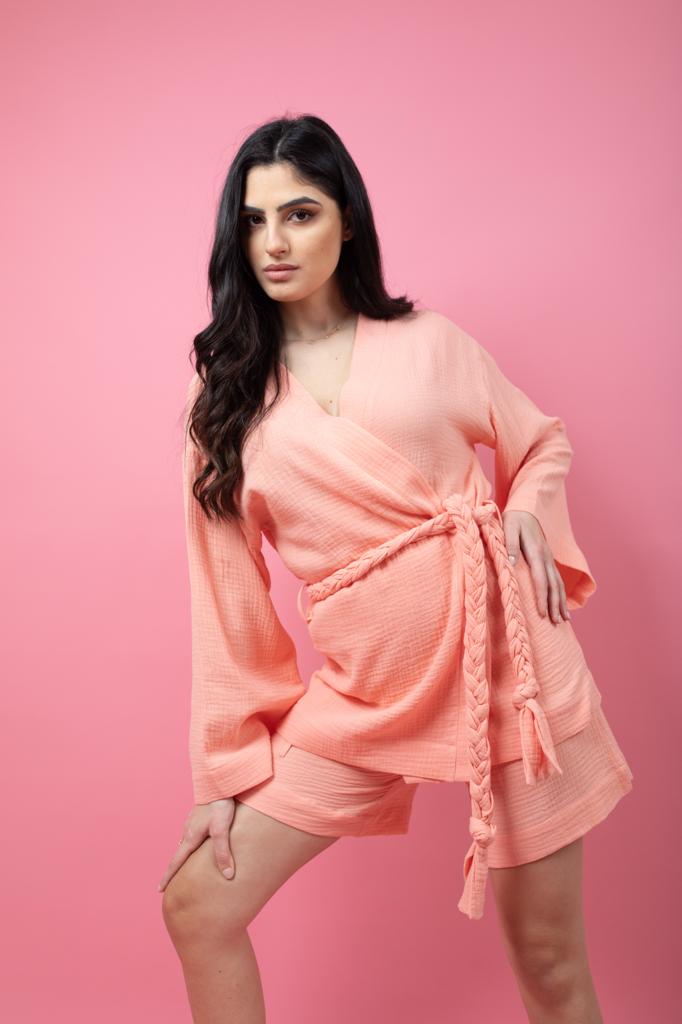 Coral set in shorts with braid belt