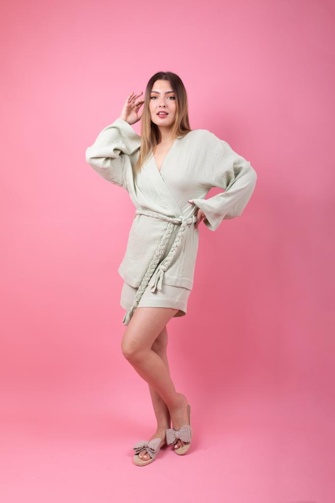 Tea green set in shorts with braid belt