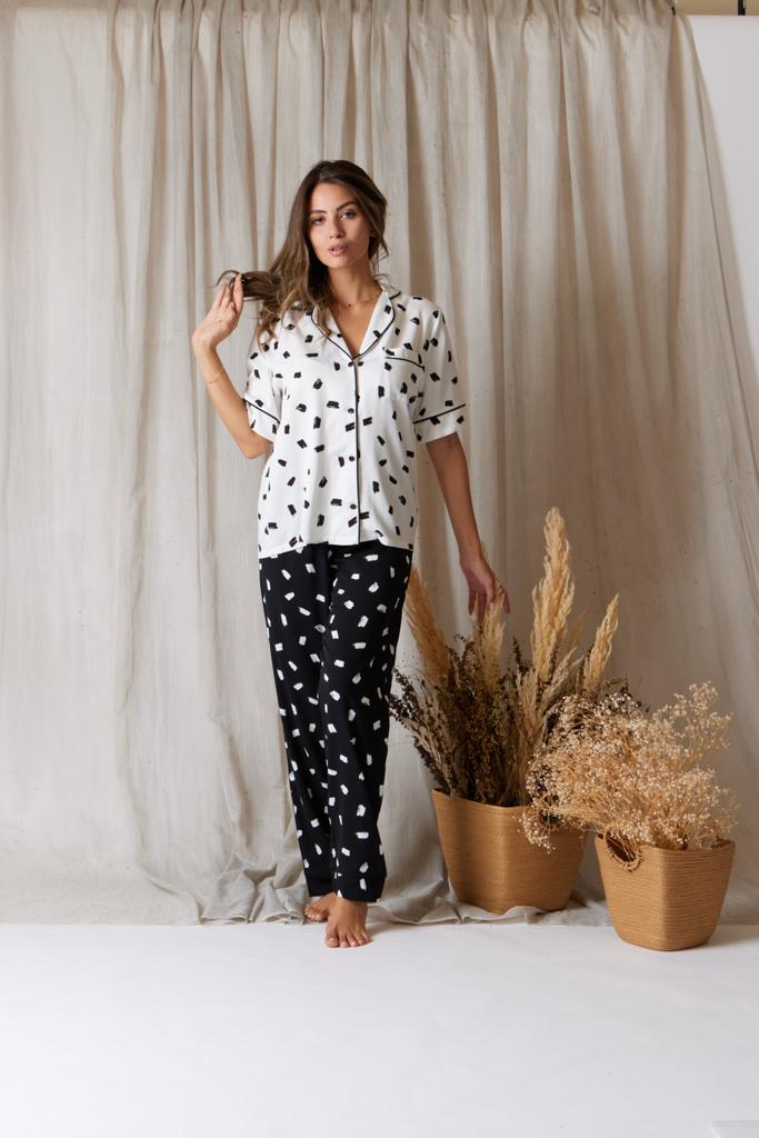 Black &white Brush stroke patterned pjs