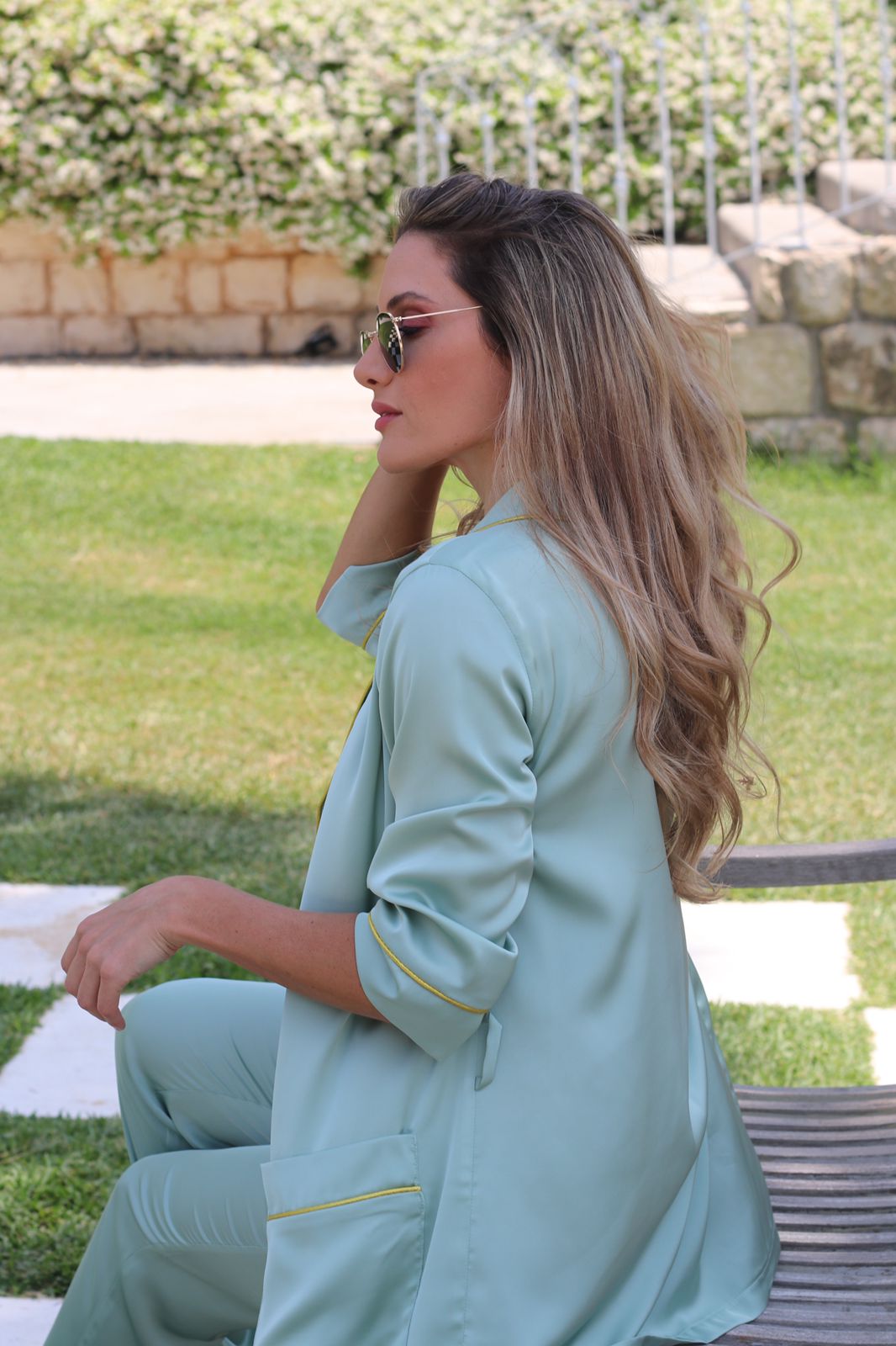 Mid sleeves pistachio & gold silk pjs with a belt