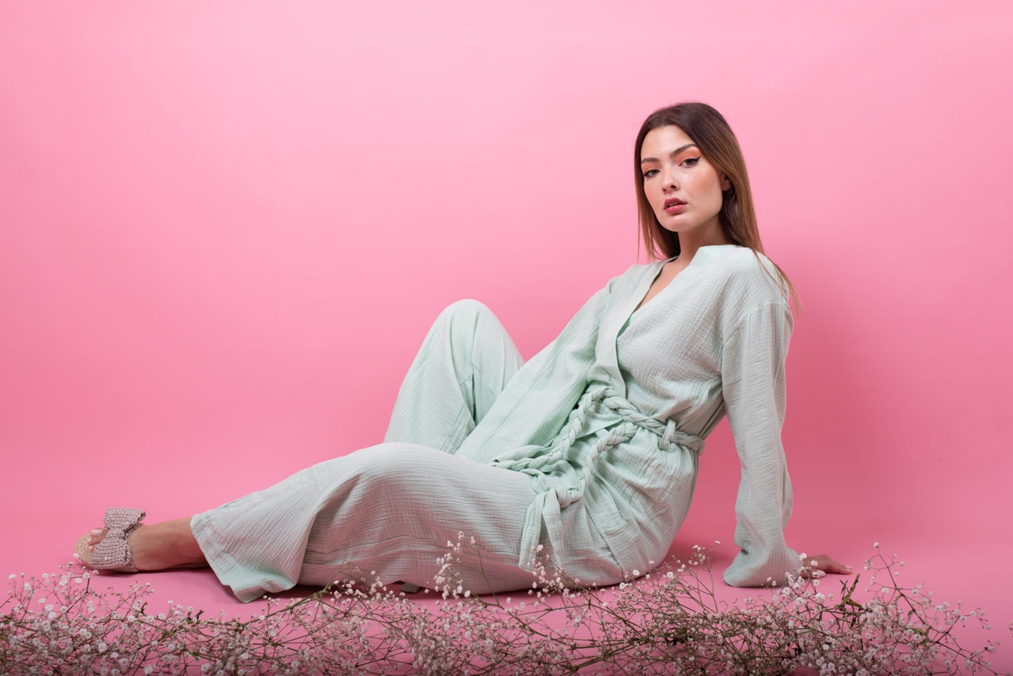 Mint green set in pants with braid belt