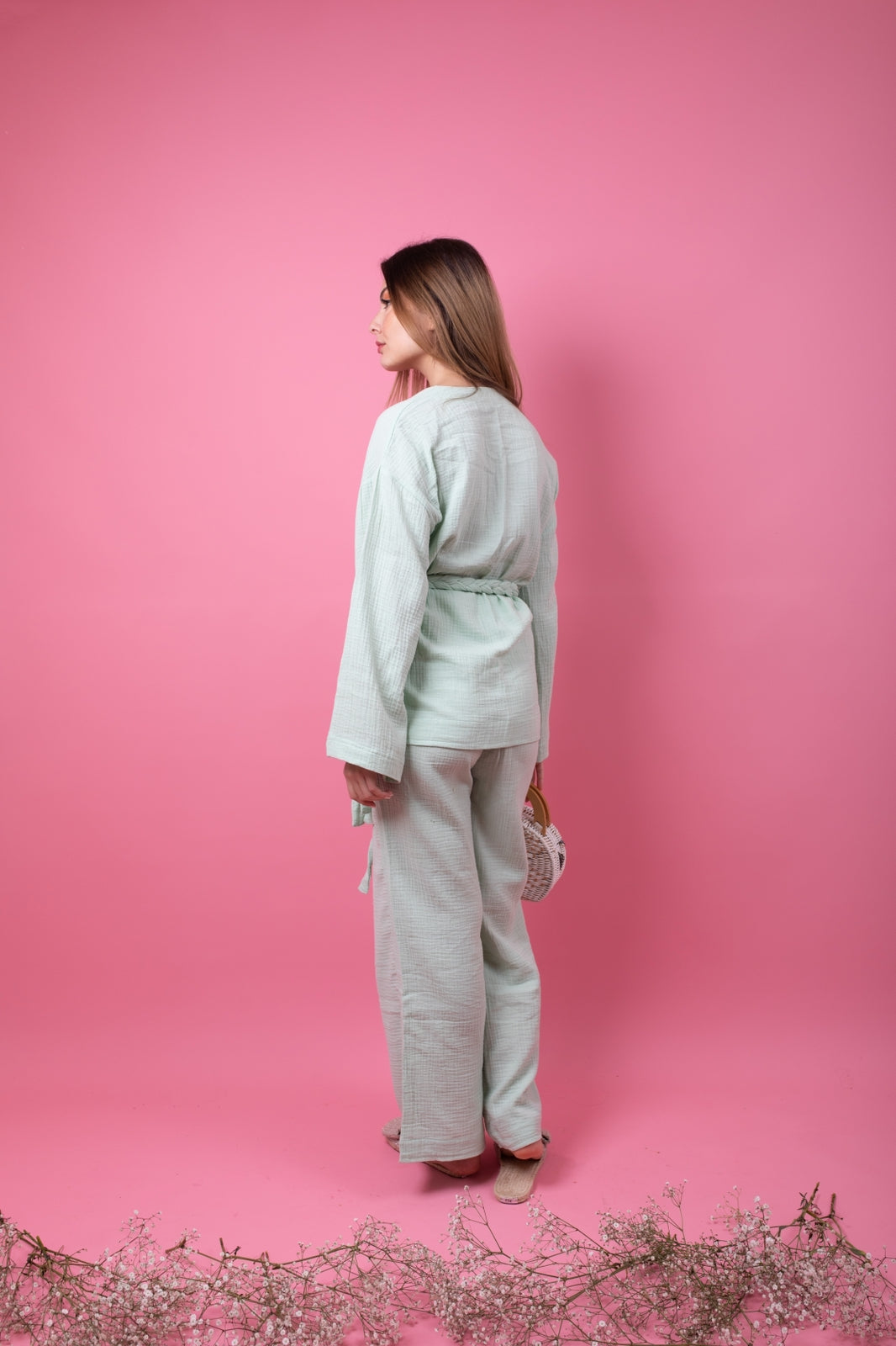 Mint green set in pants with braid belt