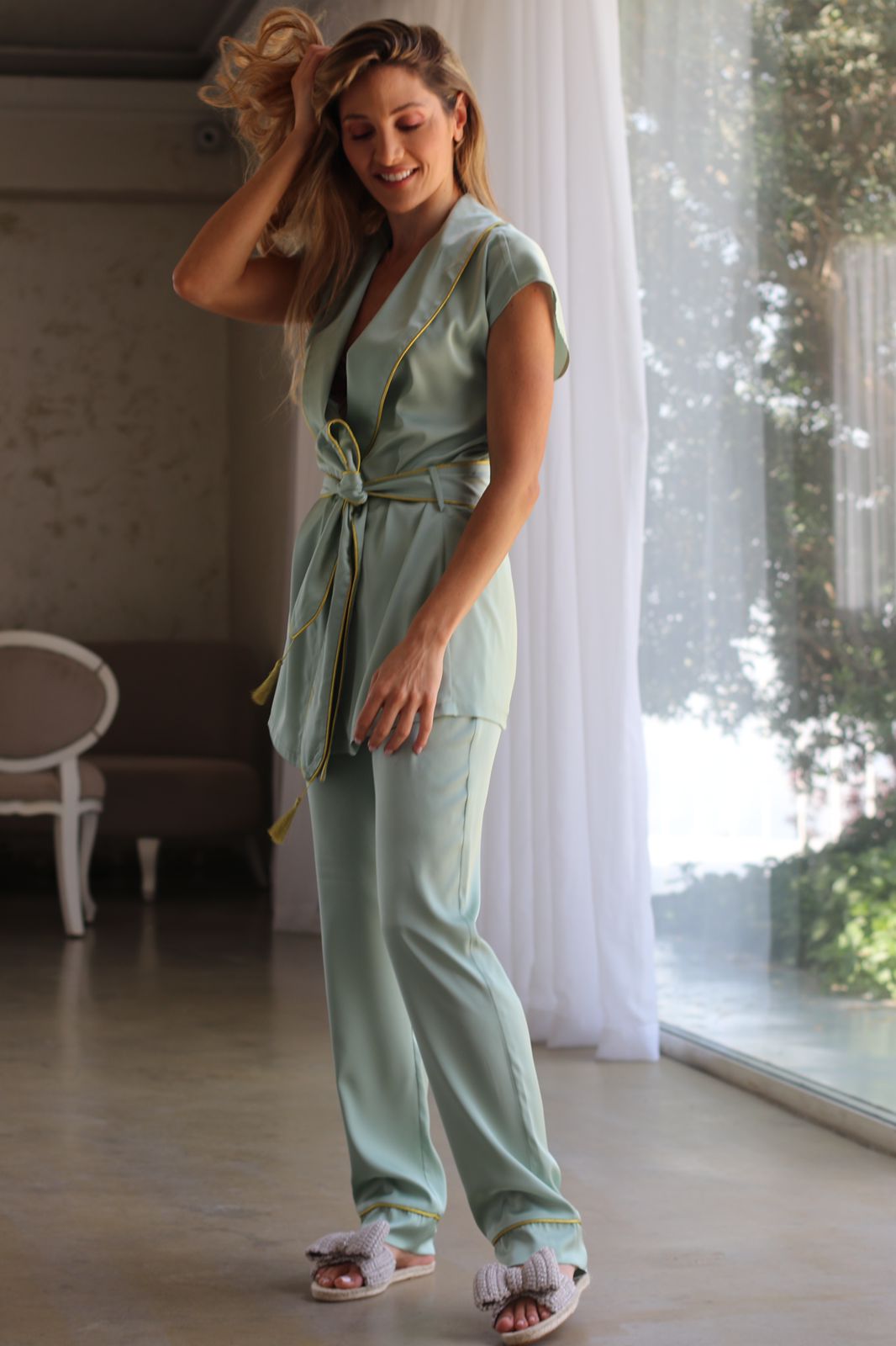 Sleeveless pistachio & gold silk pjs with belt