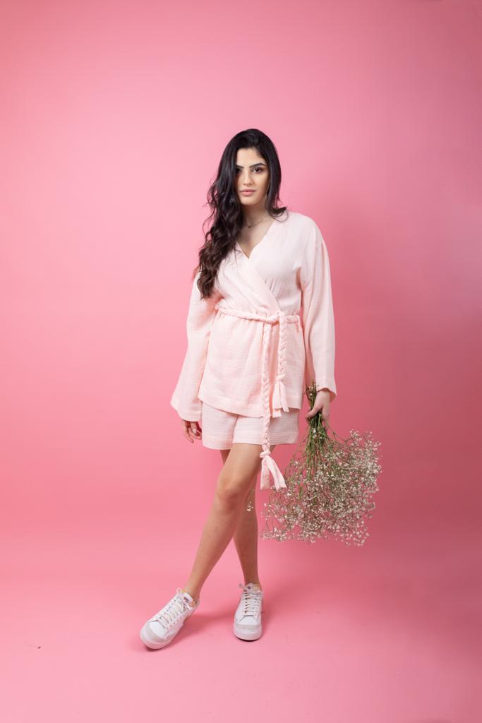 Pastel pink set in shorts with braid belt