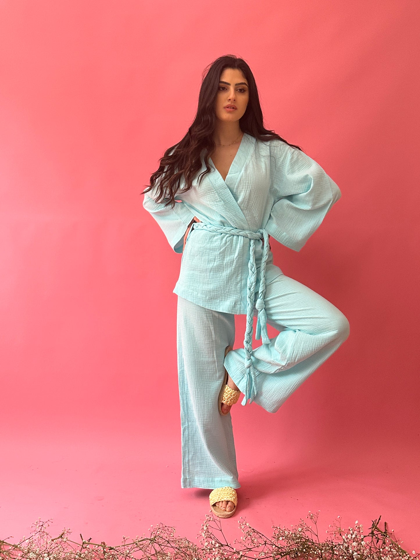 Aqua set in pants with braid belt