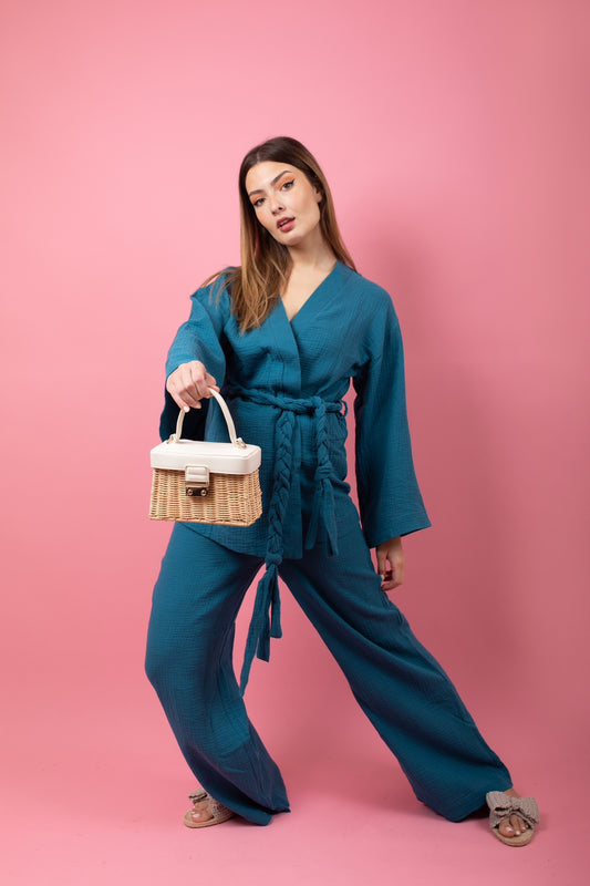 Navy blue set in pants with braid belt