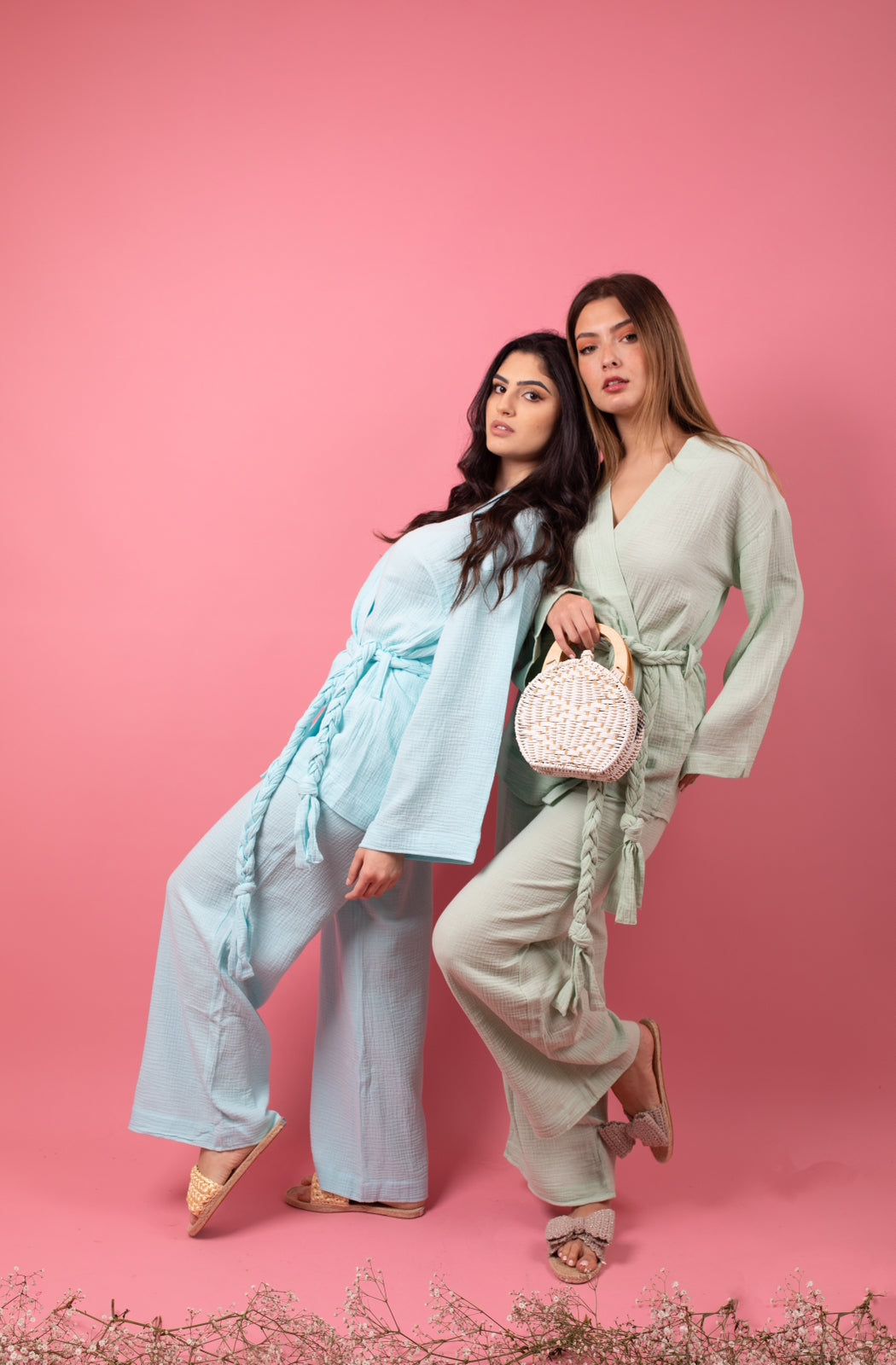 Aqua set in pants with braid belt