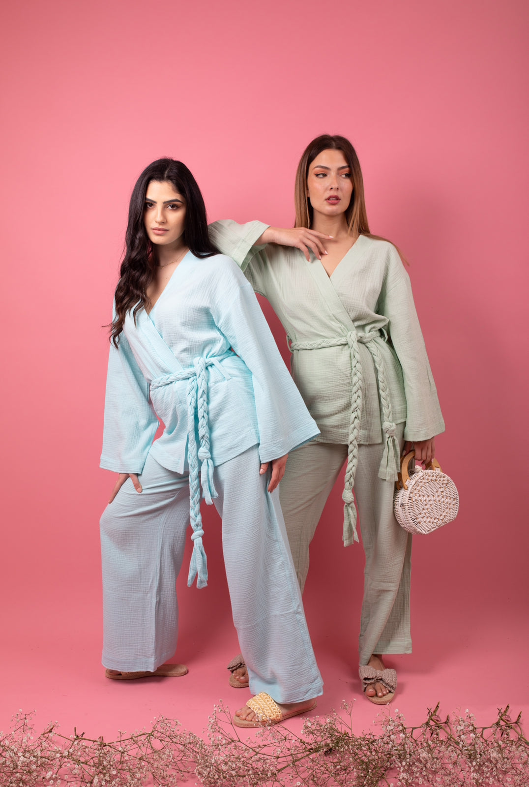 Mint green set in pants with braid belt