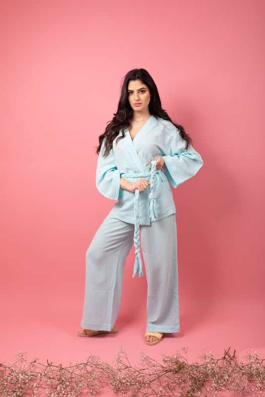 Aqua set in pants with braid belt