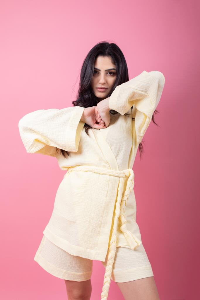 Yellow set in shorts with braid belt