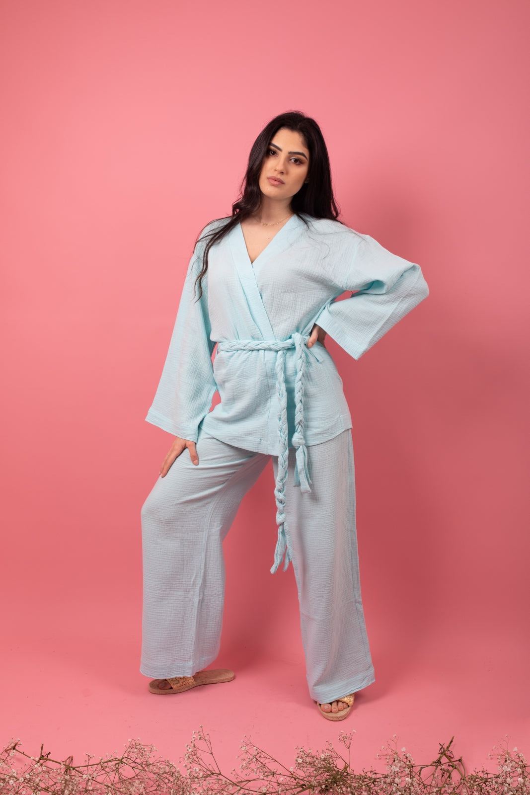Aqua set in pants with braid belt