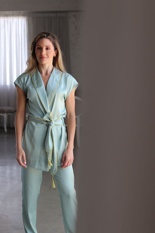 Sleeveless pistachio & gold silk pjs with belt