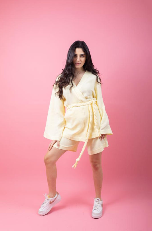 Yellow set in shorts with braid belt