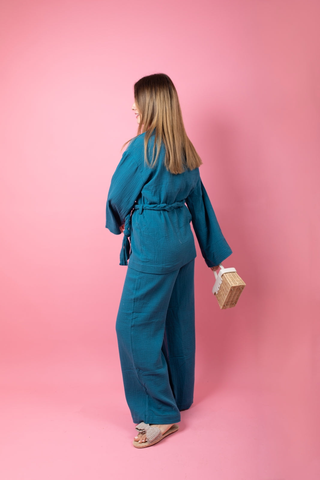 Navy blue set in pants with braid belt
