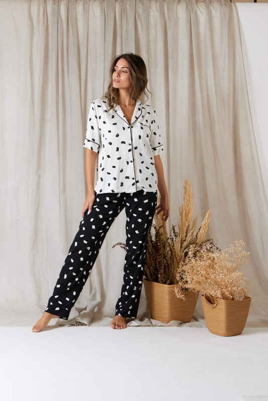 Black &white Brush stroke patterned pjs