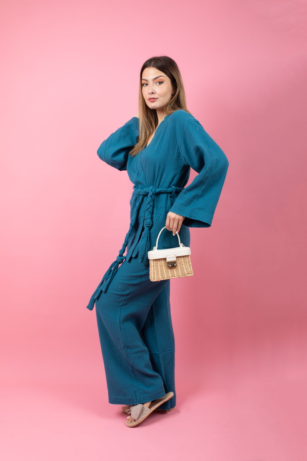 Navy blue set in pants with braid belt