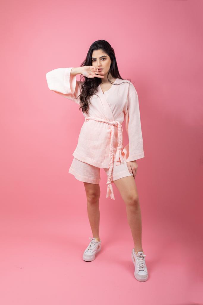 Pastel pink set in shorts with braid belt