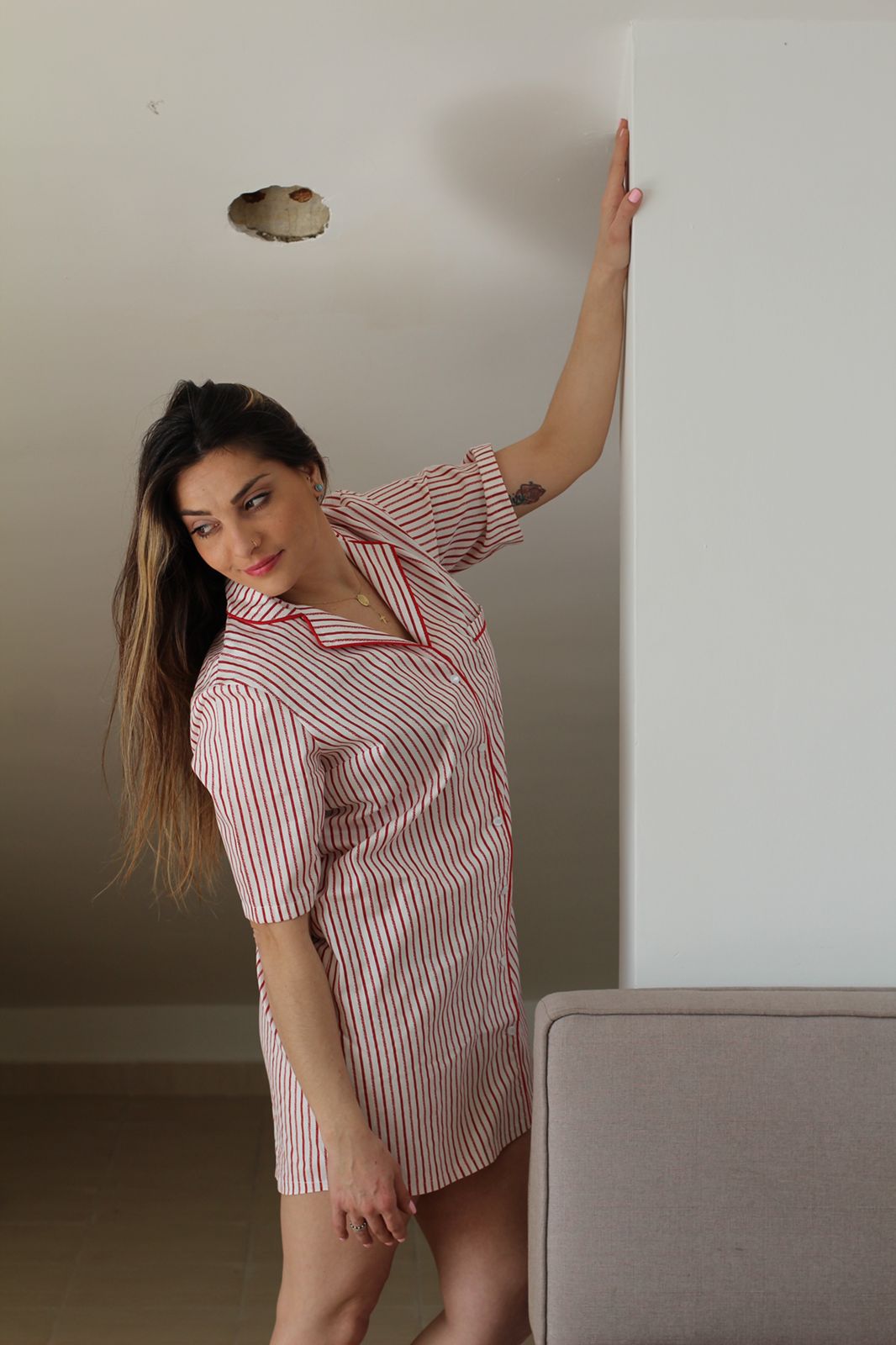 Robe chemise rayée rouge