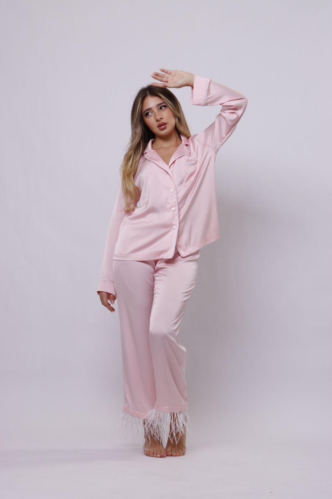 Pastel pink feathered silk set